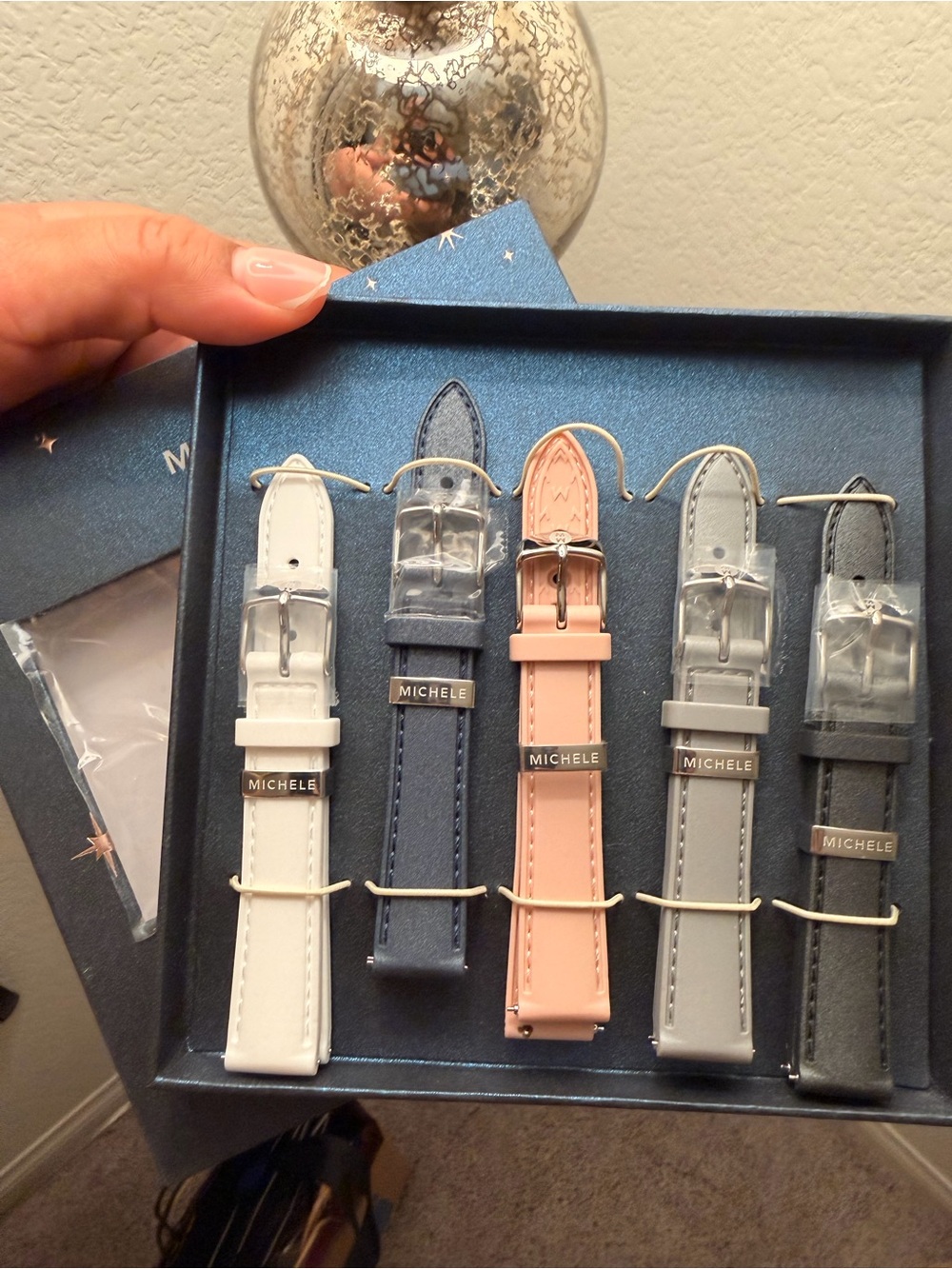 Michele Leather Watch Strap Set in Cream, Navy, Blush, Gray, Black - Picture 2 of 5